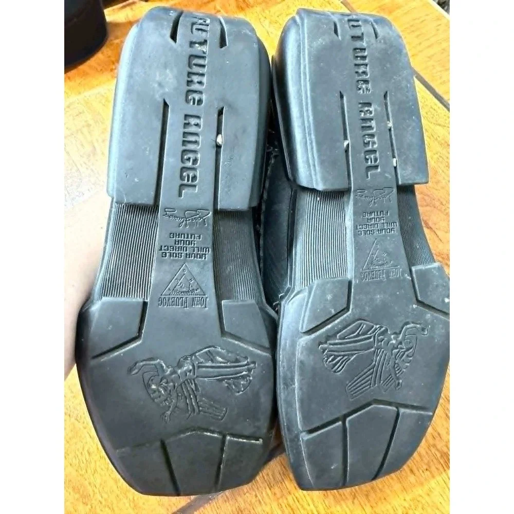 John Fluevog Mens 8 Future Angel Black‎ Leather Orange Stitch Square Toe Shoes